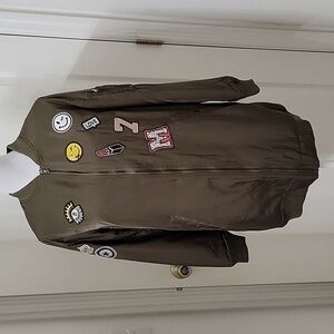 Fate Size S Long Green Military Bomber Jacket with Patches Gently Used Condition